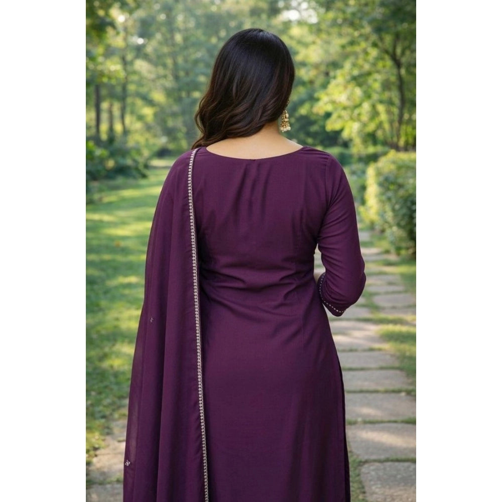 Amfyn Women's Georgette Ethnic Motif Round 3/4th Sleeve Kurti With Pant Dupatta Set (Magenta)
