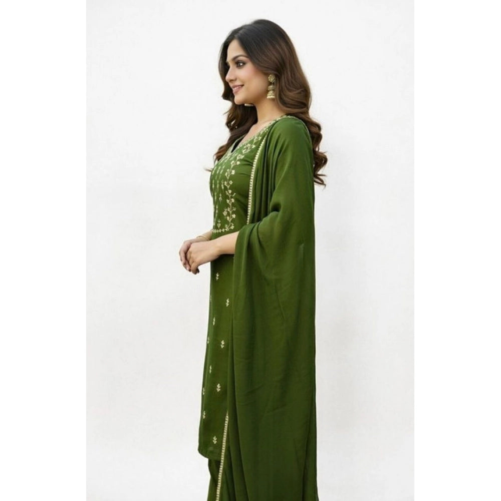Amfyn Women's Georgette Ethnic Motif Round 3/4th Sleeve Kurti With Pant Dupatta Set (Mahendi)