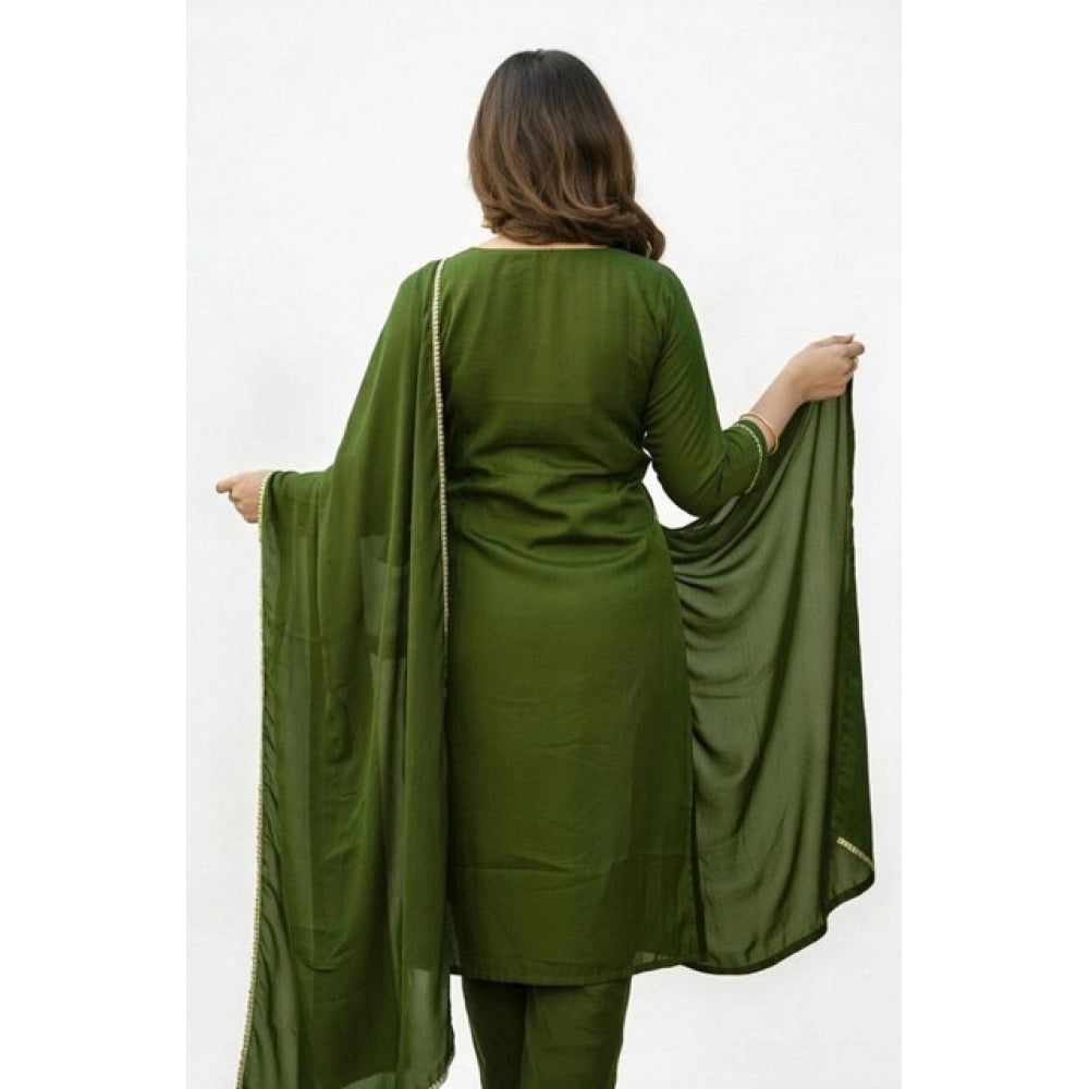 Amfyn Women's Georgette Ethnic Motif Round 3/4th Sleeve Kurti With Pant Dupatta Set (Mahendi)