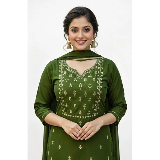 Amfyn Women's Georgette Ethnic Motif Round 3/4th Sleeve Kurti With Pant Dupatta Set (Mahendi)