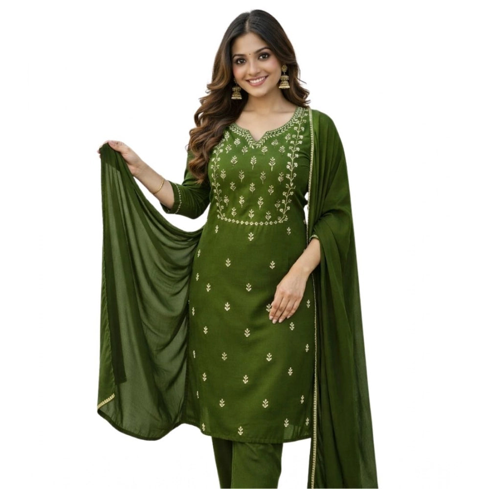Amfyn Women's Georgette Ethnic Motif Round 3/4th Sleeve Kurti With Pant Dupatta Set (Mahendi)