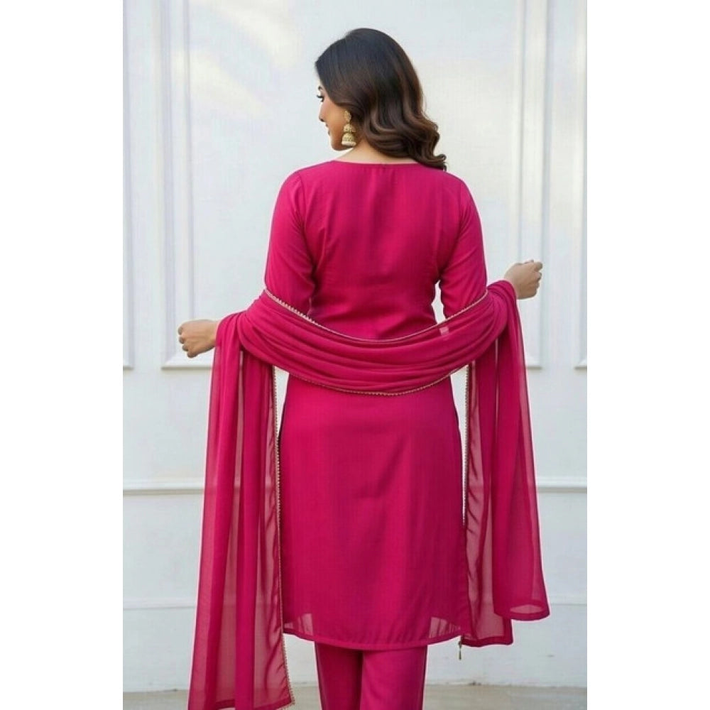 Amfyn Women's Georgette Ethnic Motif Round 3/4th Sleeve Kurti With Pant Dupatta Set (Pink)