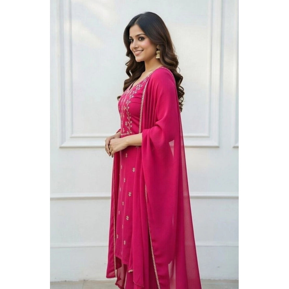 Amfyn Women's Georgette Ethnic Motif Round 3/4th Sleeve Kurti With Pant Dupatta Set (Pink)