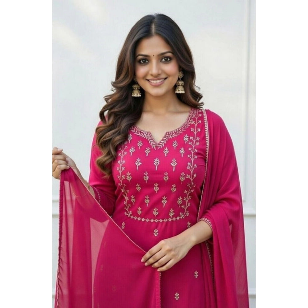 Amfyn Women's Georgette Ethnic Motif Round 3/4th Sleeve Kurti With Pant Dupatta Set (Pink)