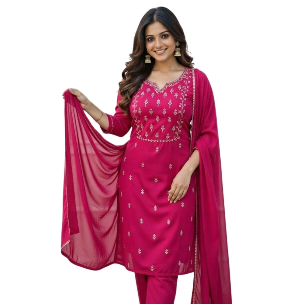Amfyn Women's Georgette Ethnic Motif Round 3/4th Sleeve Kurti With Pant Dupatta Set (Pink)