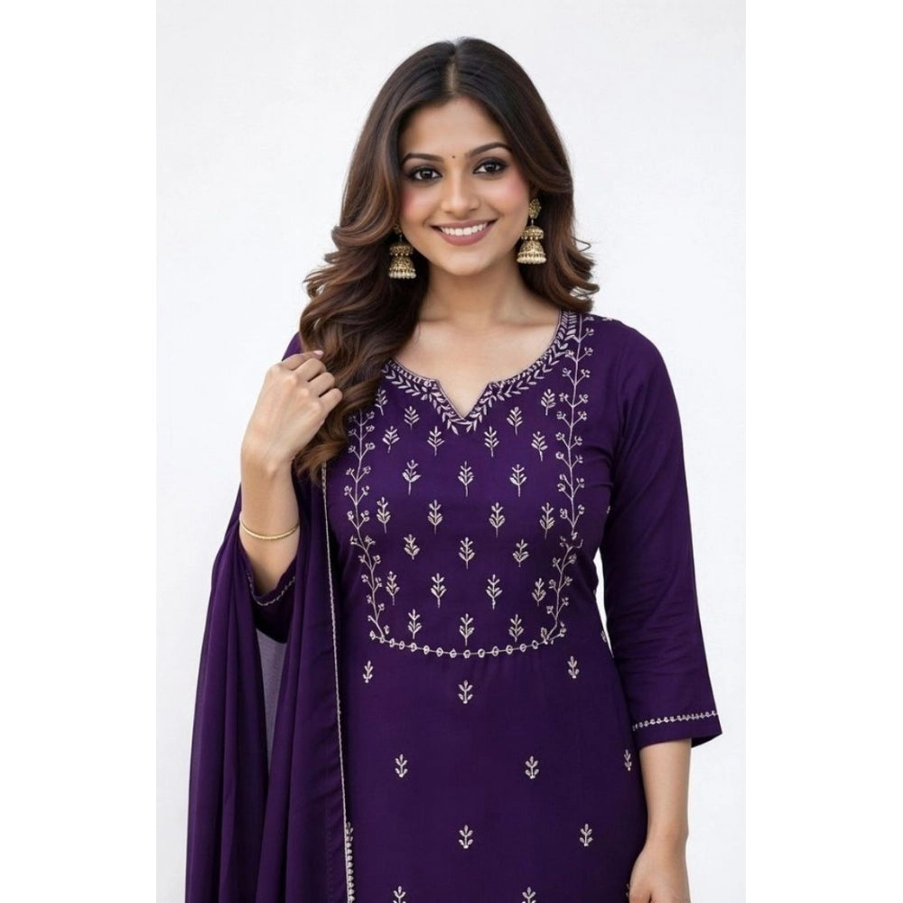 Amfyn Women's Georgette Ethnic Motif Round 3/4th Sleeve Kurti With Pant Dupatta Set (Purple)