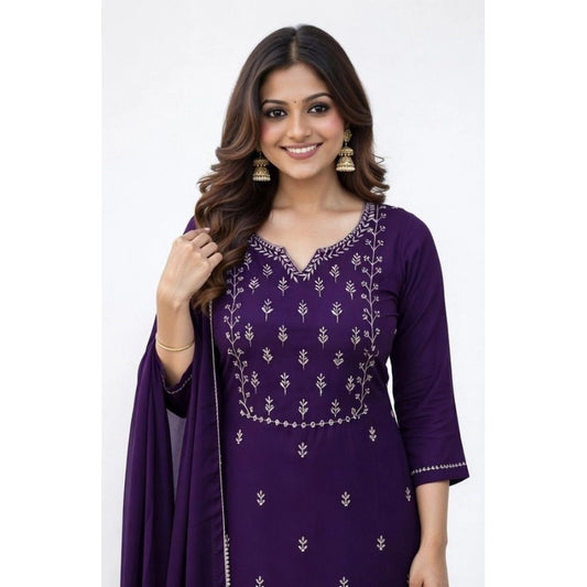 Amfyn Women's Georgette Ethnic Motif Round 3/4th Sleeve Kurti With Pant Dupatta Set (Purple)