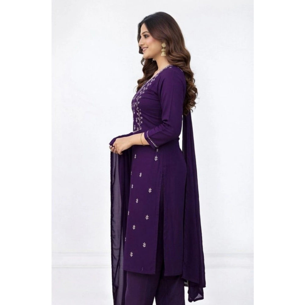 Amfyn Women's Georgette Ethnic Motif Round 3/4th Sleeve Kurti With Pant Dupatta Set (Purple)