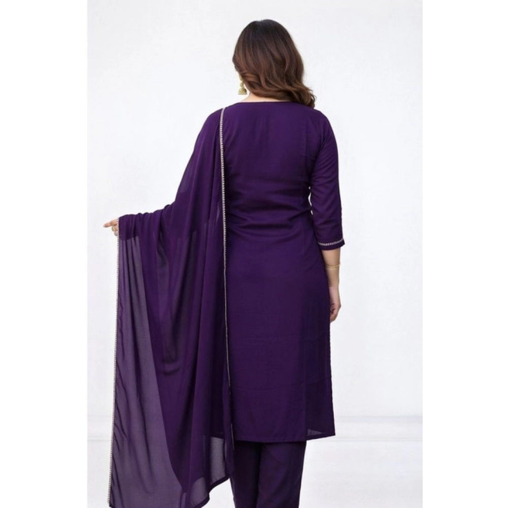 Amfyn Women's Georgette Ethnic Motif Round 3/4th Sleeve Kurti With Pant Dupatta Set (Purple)