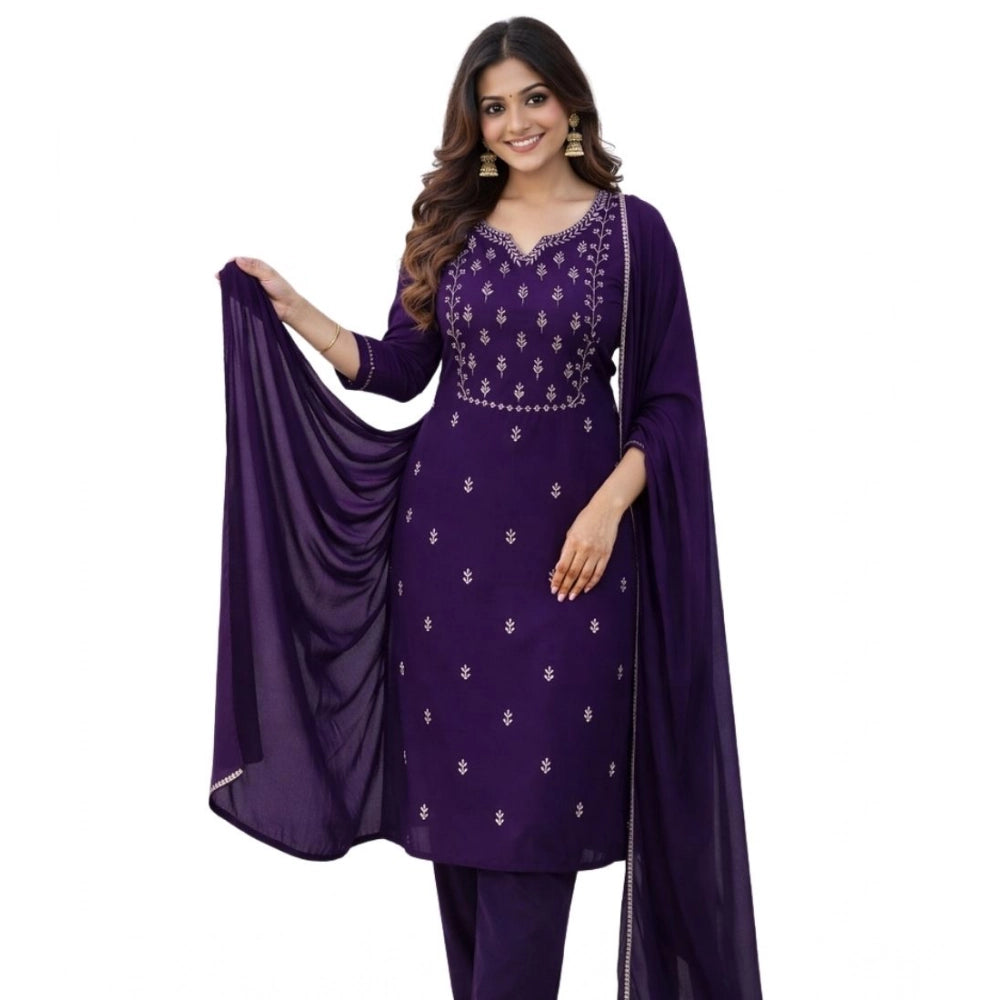 Amfyn Women's Georgette Ethnic Motif Round 3/4th Sleeve Kurti With Pant Dupatta Set (Purple)