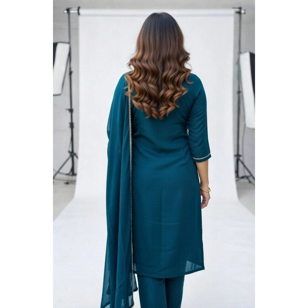 Amfyn Women's Georgette Ethnic Motif Round 3/4th Sleeve Kurti With Pant Dupatta Set (Teal)