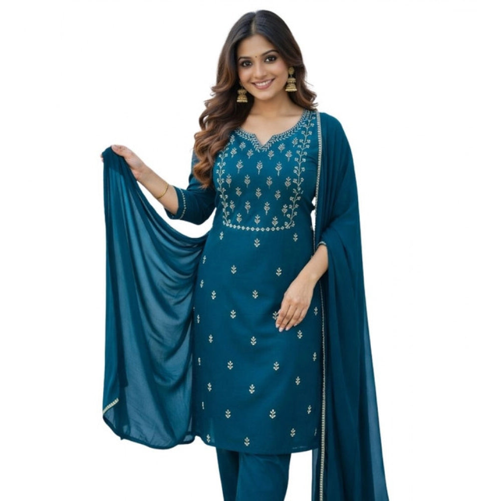 Amfyn Women's Georgette Ethnic Motif Round 3/4th Sleeve Kurti With Pant Dupatta Set (Teal)