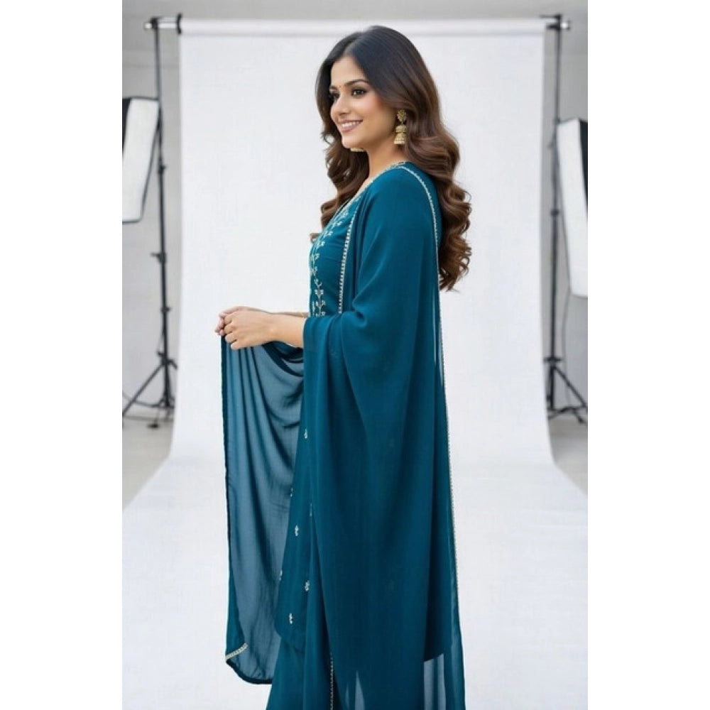 Amfyn Women's Georgette Ethnic Motif Round 3/4th Sleeve Kurti With Pant Dupatta Set (Teal)