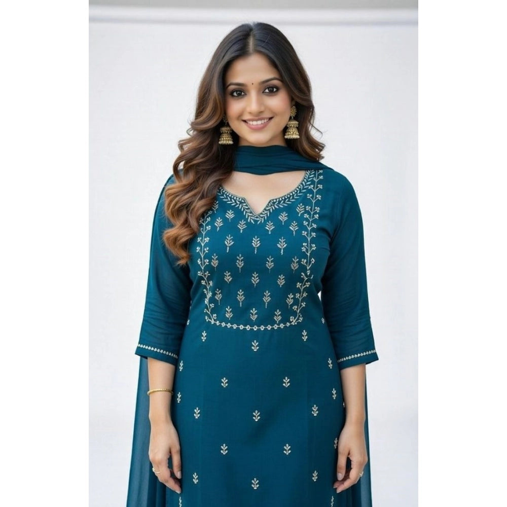 Amfyn Women's Georgette Ethnic Motif Round 3/4th Sleeve Kurti With Pant Dupatta Set (Teal)