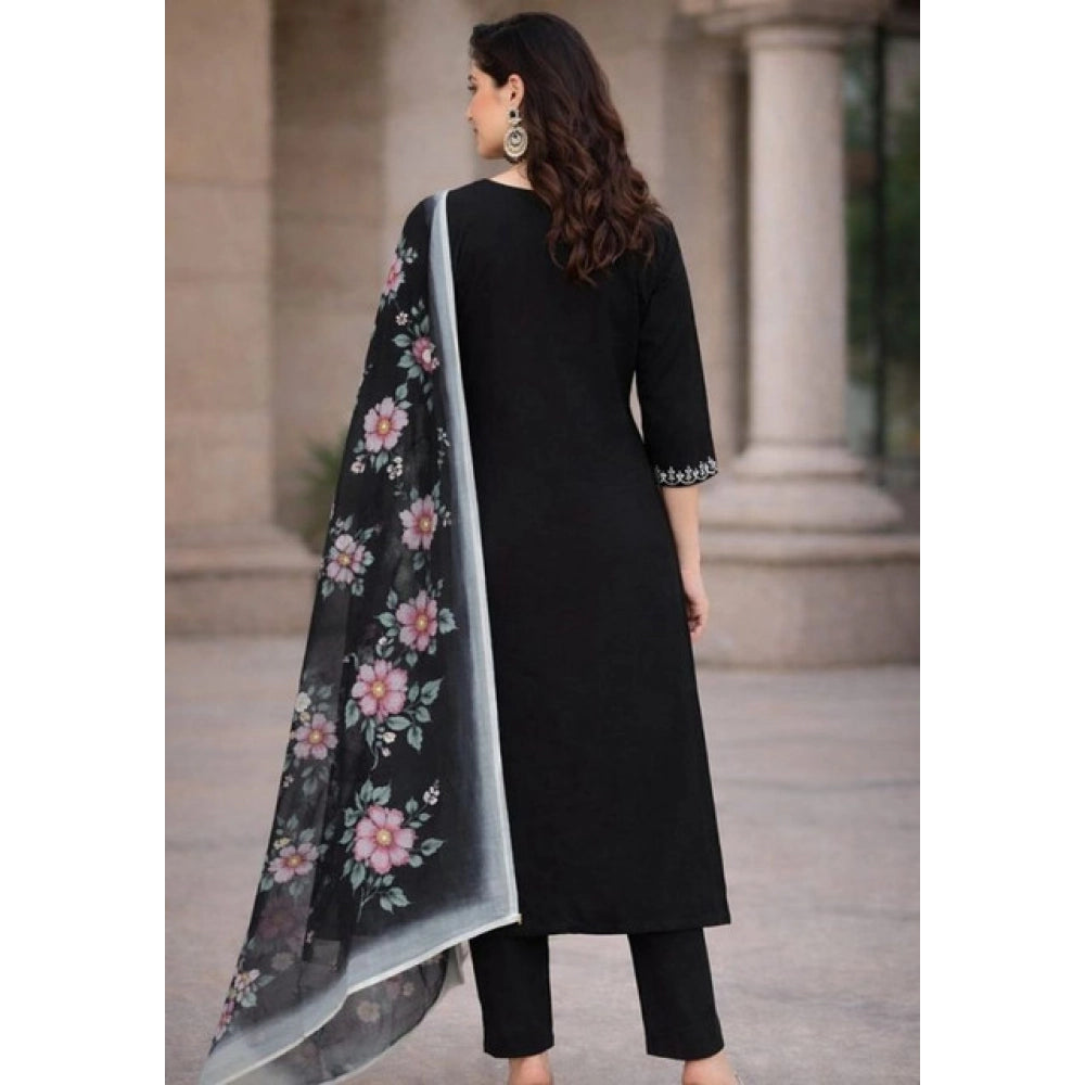 Amfyn Women's Chanderi Silk Ethnic Motif V-Neck 3/4th Sleeve Kurti With Pant Dupatta Set (Black)