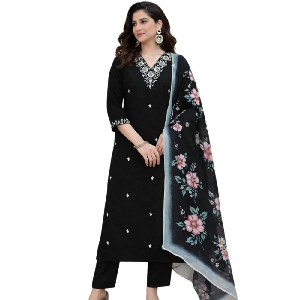 Amfyn Women's Chanderi Silk Ethnic Motif V-Neck 3/4th Sleeve Kurti With Pant Dupatta Set (Black)