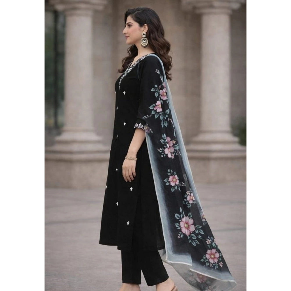 Amfyn Women's Chanderi Silk Ethnic Motif V-Neck 3/4th Sleeve Kurti With Pant Dupatta Set (Black)