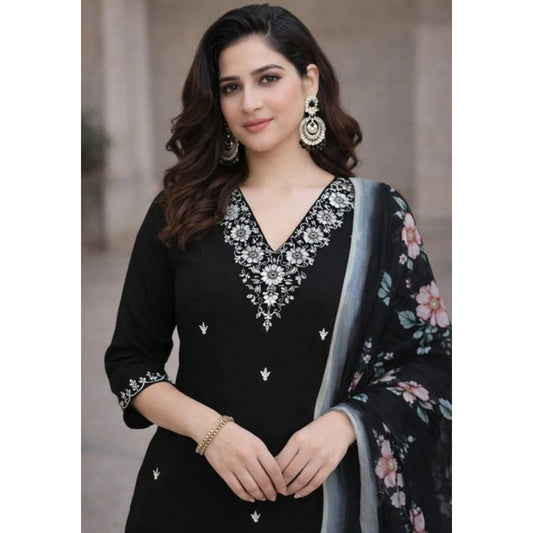 Amfyn Women's Chanderi Silk Ethnic Motif V-Neck 3/4th Sleeve Kurti With Pant Dupatta Set (Black)