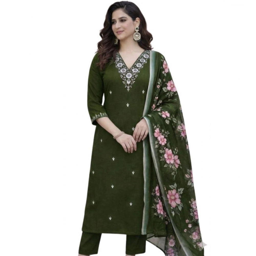 Amfyn Women's Chanderi Silk Ethnic Motif V-Neck 3/4th Sleeve Kurti With Pant Dupatta Set (Mahendi)