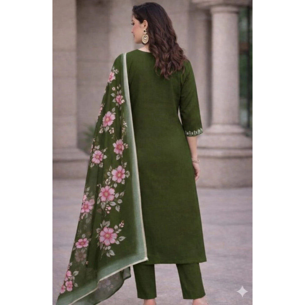 Amfyn Women's Chanderi Silk Ethnic Motif V-Neck 3/4th Sleeve Kurti With Pant Dupatta Set (Mahendi)