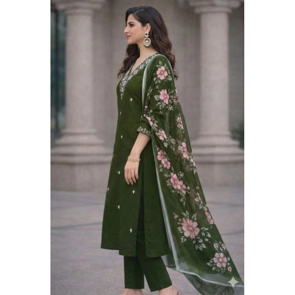 Amfyn Women's Chanderi Silk Ethnic Motif V-Neck 3/4th Sleeve Kurti With Pant Dupatta Set (Mahendi)