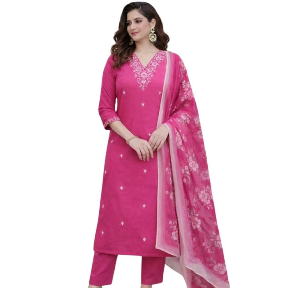 Amfyn Women's Chanderi Silk Ethnic Motif V-Neck 3/4th Sleeve Kurti With Pant Dupatta Set (Pink)