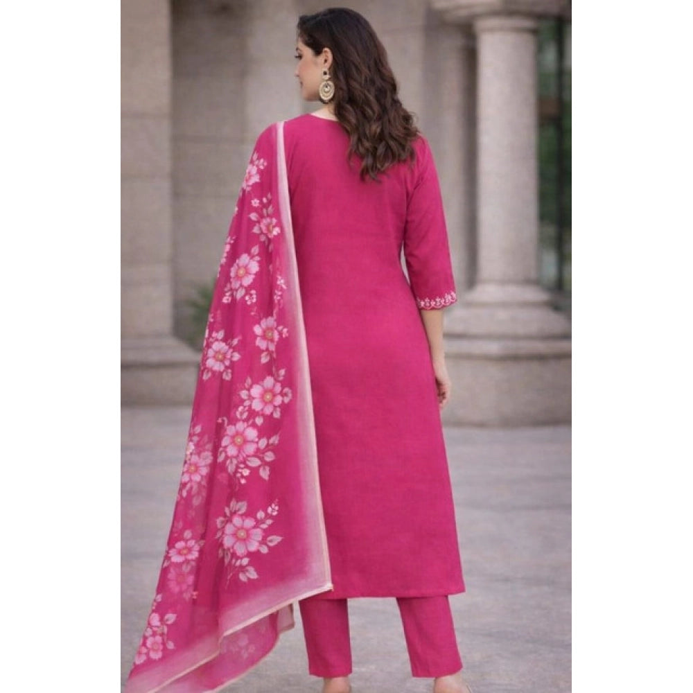 Amfyn Women's Chanderi Silk Ethnic Motif V-Neck 3/4th Sleeve Kurti With Pant Dupatta Set (Pink)