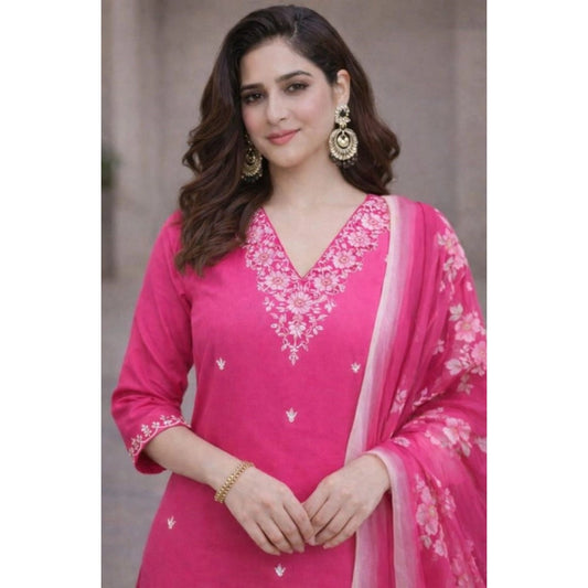 Amfyn Women's Chanderi Silk Ethnic Motif V-Neck 3/4th Sleeve Kurti With Pant Dupatta Set (Pink)