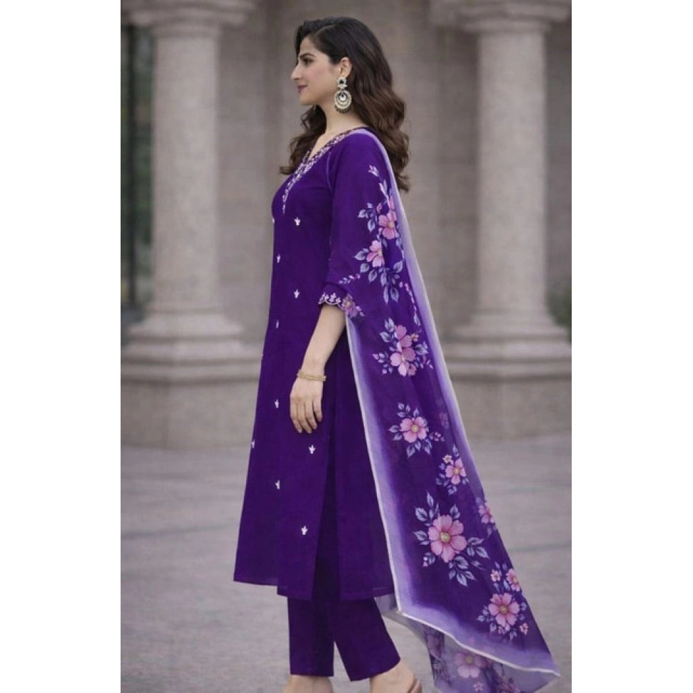 Amfyn Women's Chanderi Silk Ethnic Motif V-Neck 3/4th Sleeve Kurti With Pant Dupatta Set (Purple)