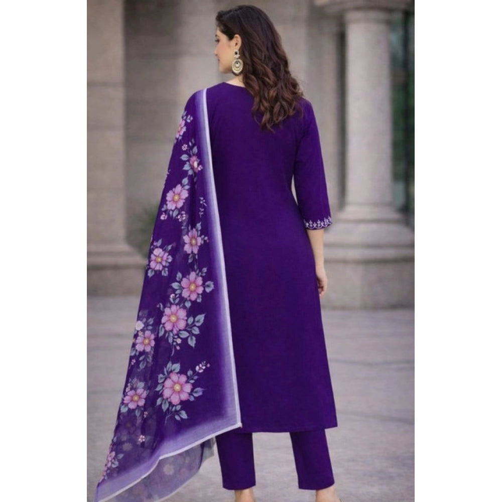 Amfyn Women's Chanderi Silk Ethnic Motif V-Neck 3/4th Sleeve Kurti With Pant Dupatta Set (Purple)
