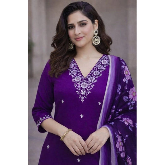Amfyn Women's Chanderi Silk Ethnic Motif V-Neck 3/4th Sleeve Kurti With Pant Dupatta Set (Purple)