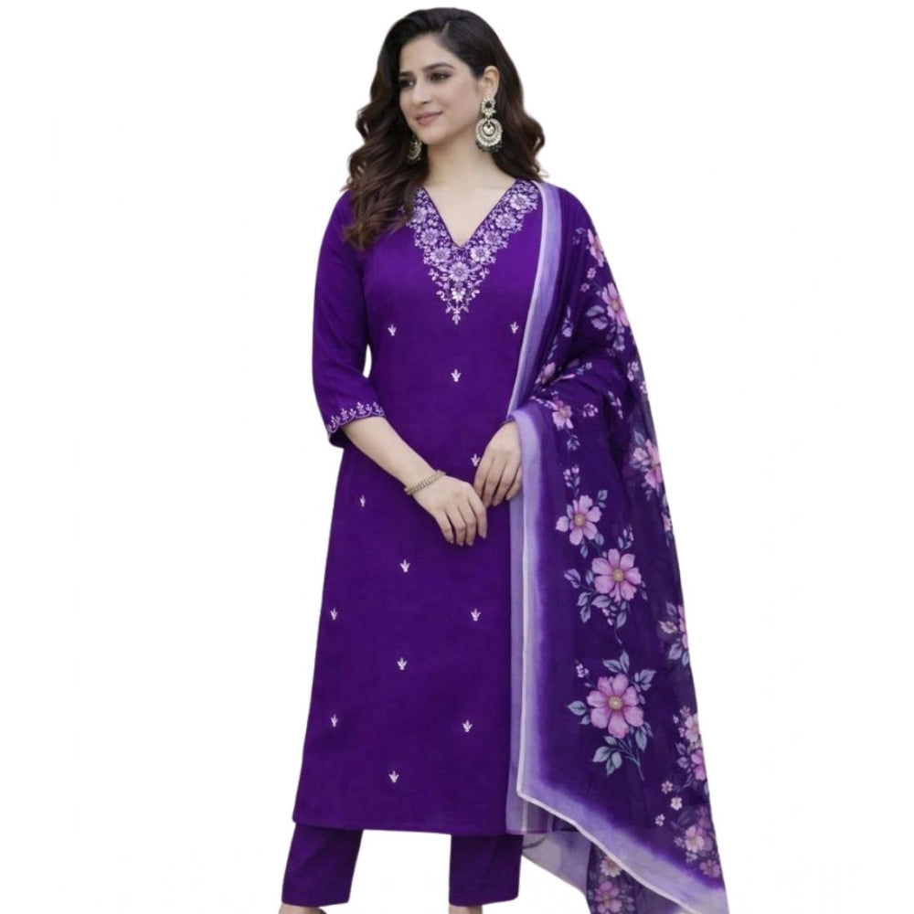Amfyn Women's Chanderi Silk Ethnic Motif V-Neck 3/4th Sleeve Kurti With Pant Dupatta Set (Purple)