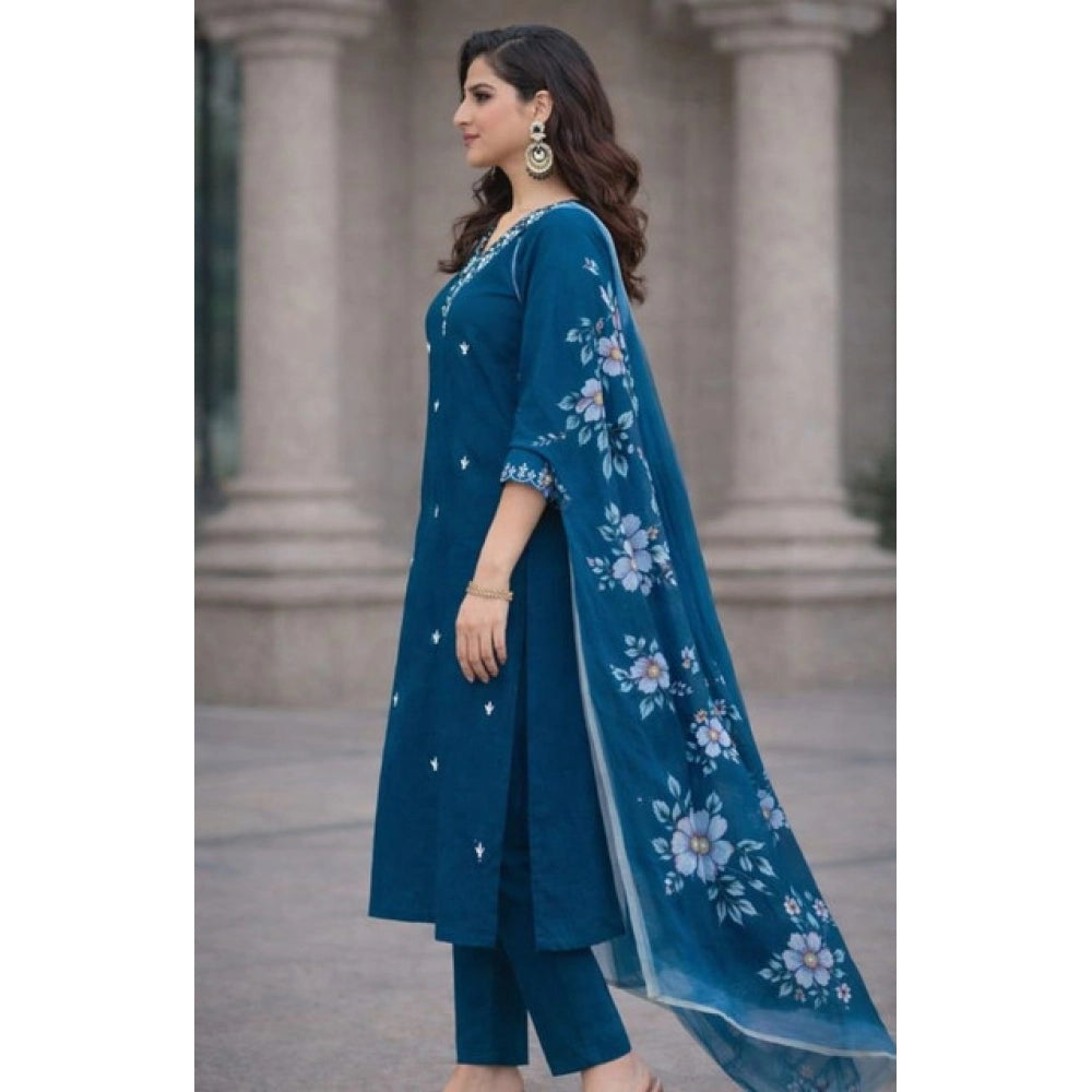 Amfyn Women's Chanderi Silk Ethnic Motif V-Neck 3/4th Sleeve Kurti With Pant Dupatta Set (Teal)