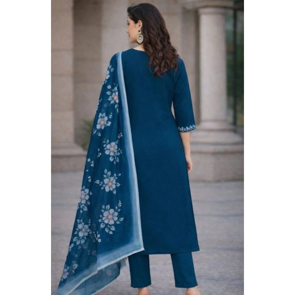 Amfyn Women's Chanderi Silk Ethnic Motif V-Neck 3/4th Sleeve Kurti With Pant Dupatta Set (Teal)