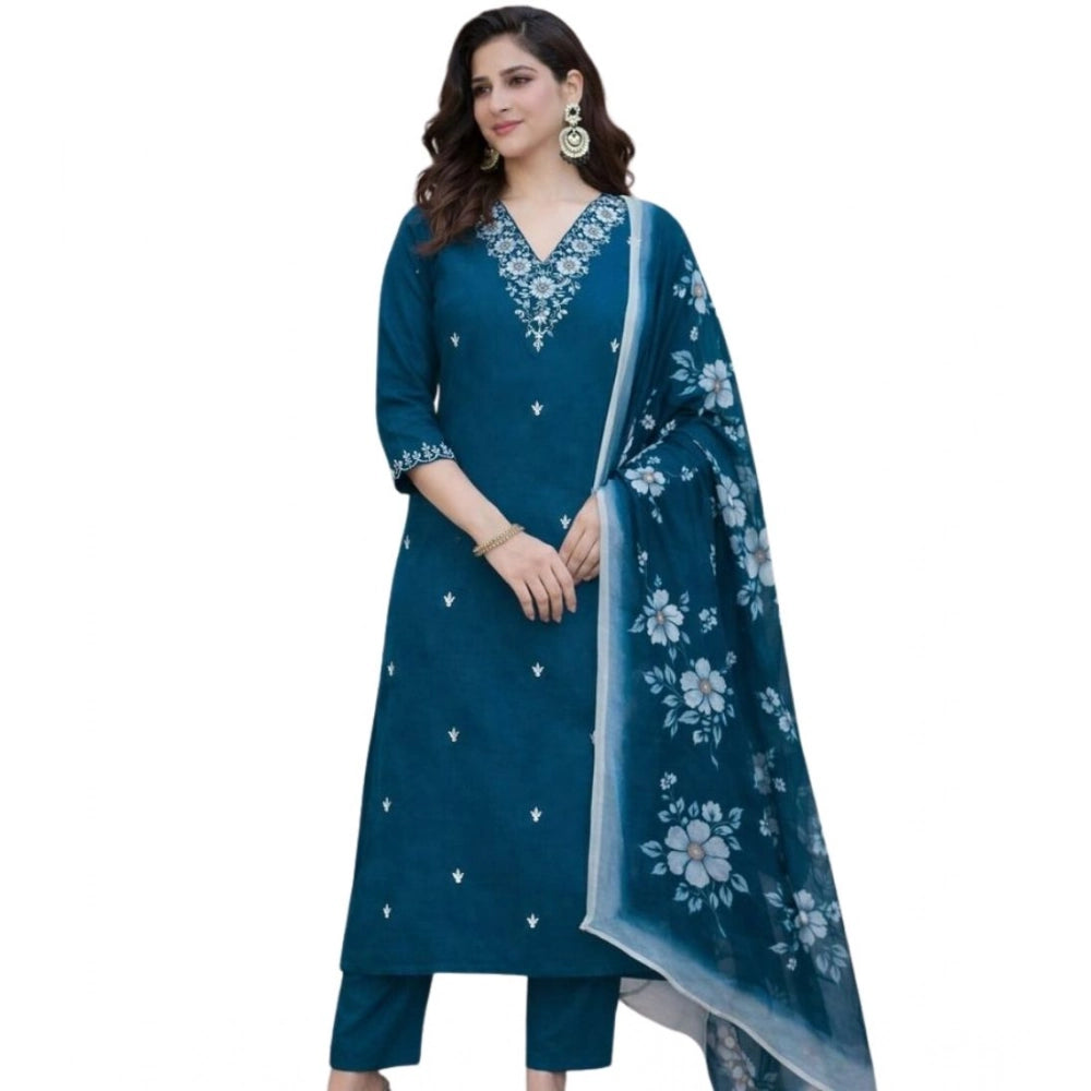 Amfyn Women's Chanderi Silk Ethnic Motif V-Neck 3/4th Sleeve Kurti With Pant Dupatta Set (Teal)