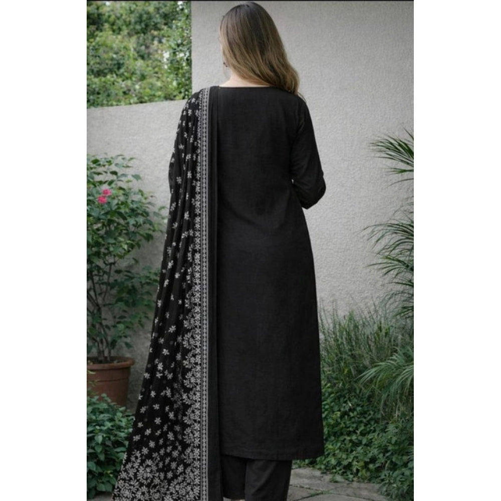 Amfyn Women's Chanderi Silk Ethnic Motif Round 3/4th Sleeve Kurti With Pant Dupatta Set (Black)