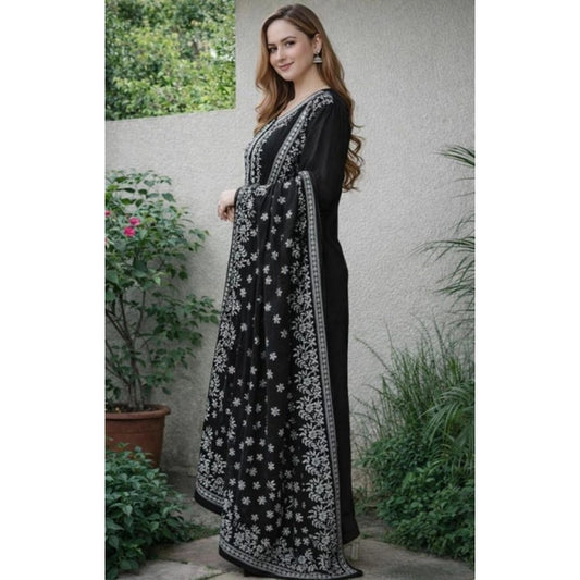 Amfyn Women's Chanderi Silk Ethnic Motif Round 3/4th Sleeve Kurti With Pant Dupatta Set (Black)