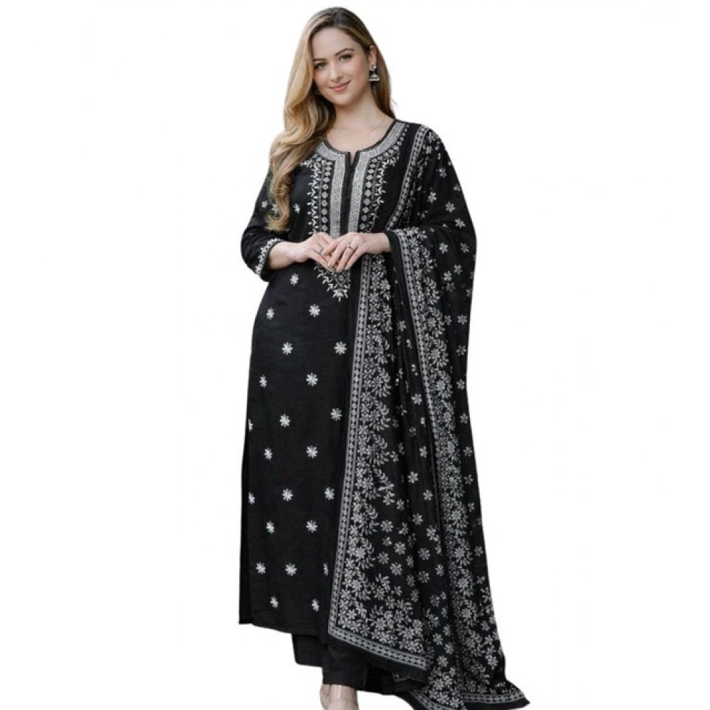 Amfyn Women's Chanderi Silk Ethnic Motif Round 3/4th Sleeve Kurti With Pant Dupatta Set (Black)