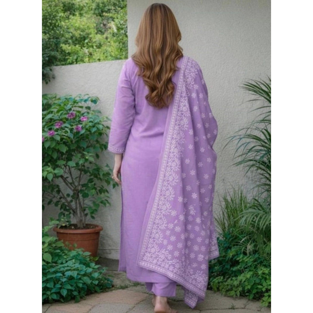 Amfyn Women's Chanderi Silk Ethnic Motif Round 3/4th Sleeve Kurti With Pant Dupatta Set (Lavender)