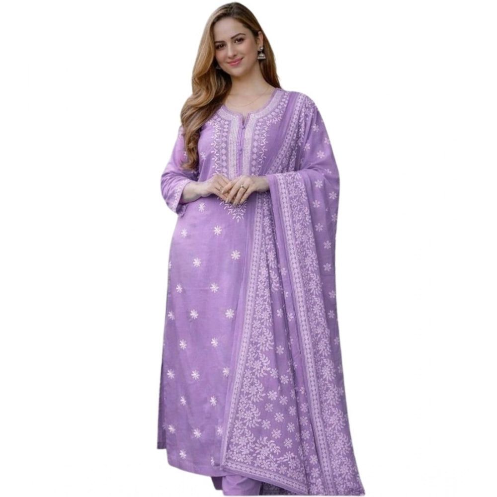 Amfyn Women's Chanderi Silk Ethnic Motif Round 3/4th Sleeve Kurti With Pant Dupatta Set (Lavender)