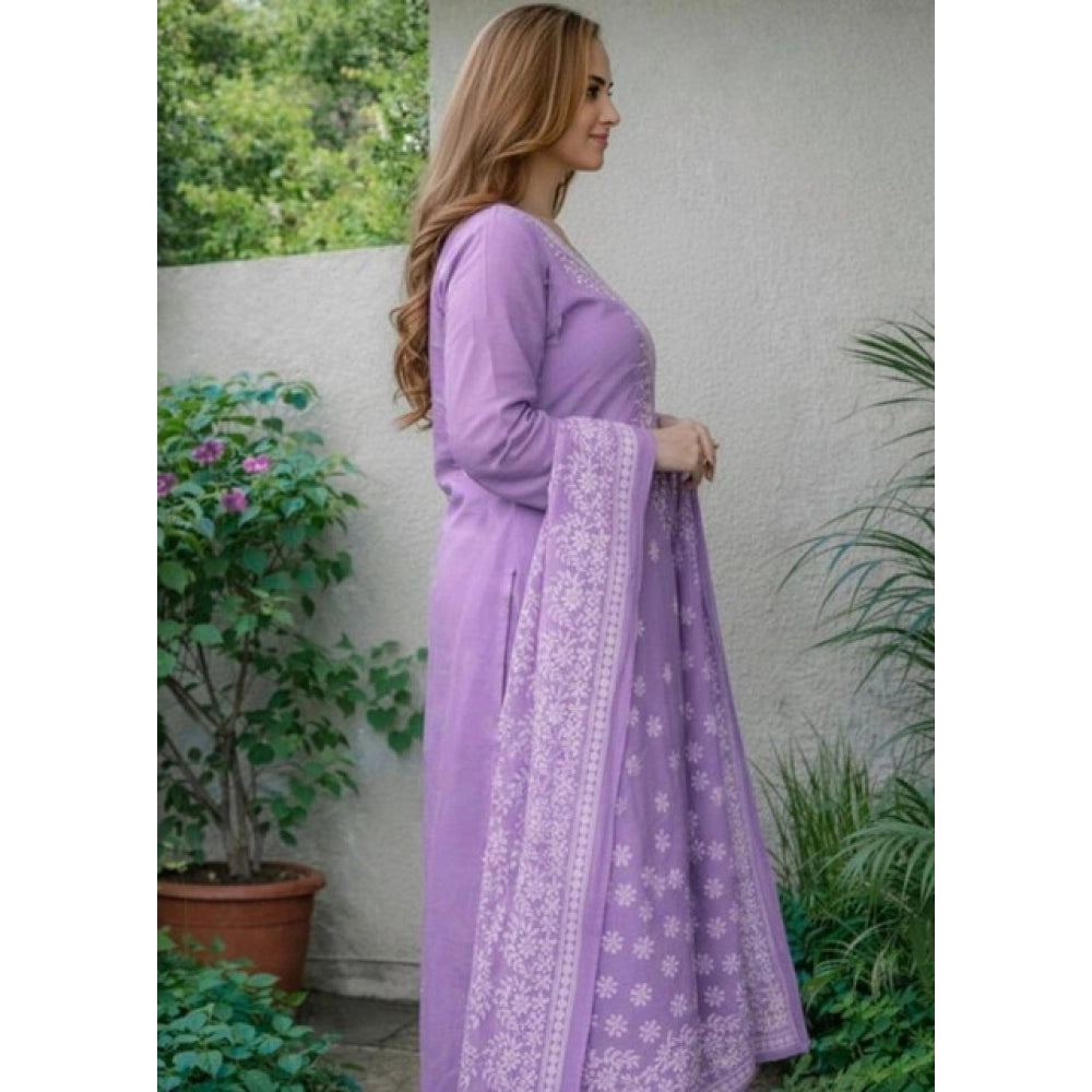 Amfyn Women's Chanderi Silk Ethnic Motif Round 3/4th Sleeve Kurti With Pant Dupatta Set (Lavender)