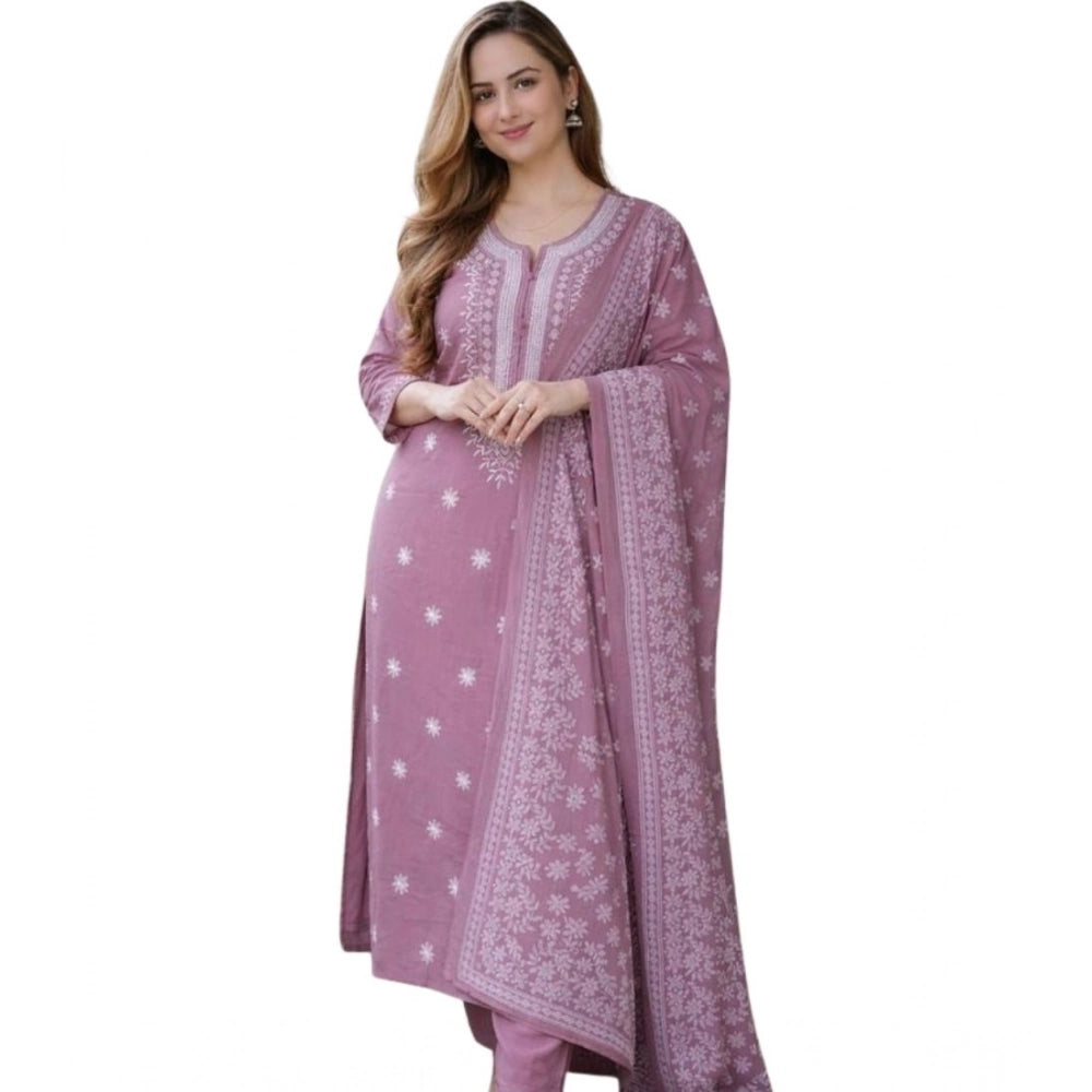 Amfyn Women's Chanderi Silk Ethnic Motif Round 3/4th Sleeve Kurti With Pant Dupatta Set (Peach)