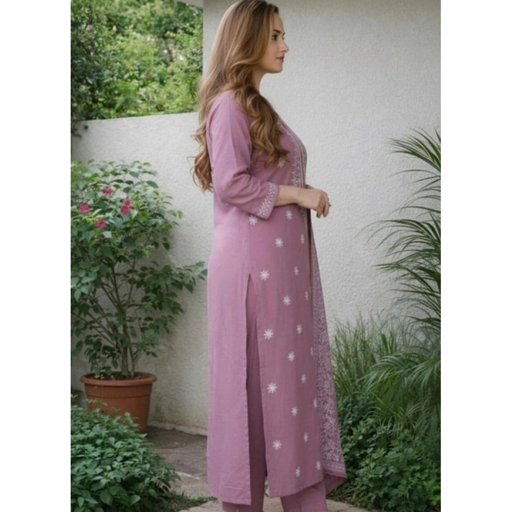 Amfyn Women's Chanderi Silk Ethnic Motif Round 3/4th Sleeve Kurti With Pant Dupatta Set (Peach)