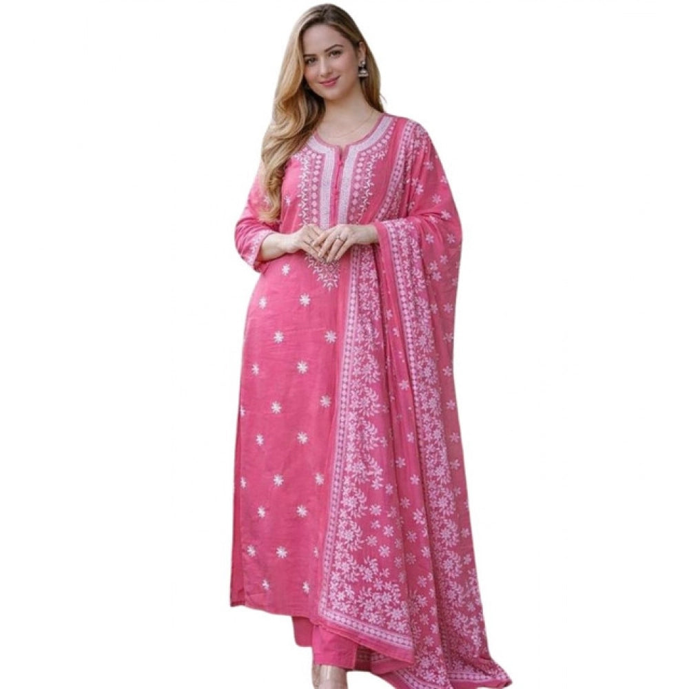 Amfyn Women's Chanderi Silk Ethnic Motif Round 3/4th Sleeve Kurti With Pant Dupatta Set (Pink)
