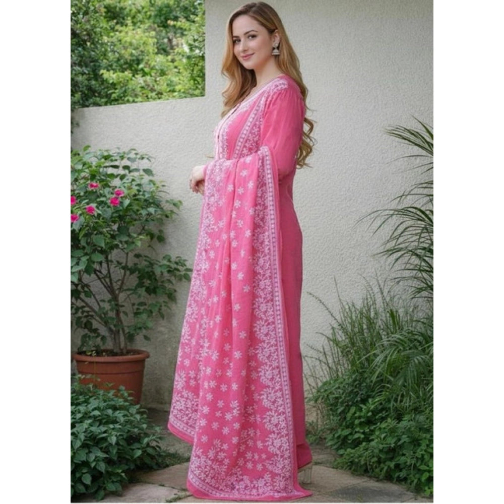 Amfyn Women's Chanderi Silk Ethnic Motif Round 3/4th Sleeve Kurti With Pant Dupatta Set (Pink)