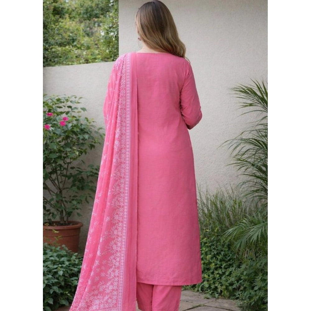 Amfyn Women's Chanderi Silk Ethnic Motif Round 3/4th Sleeve Kurti With Pant Dupatta Set (Pink)