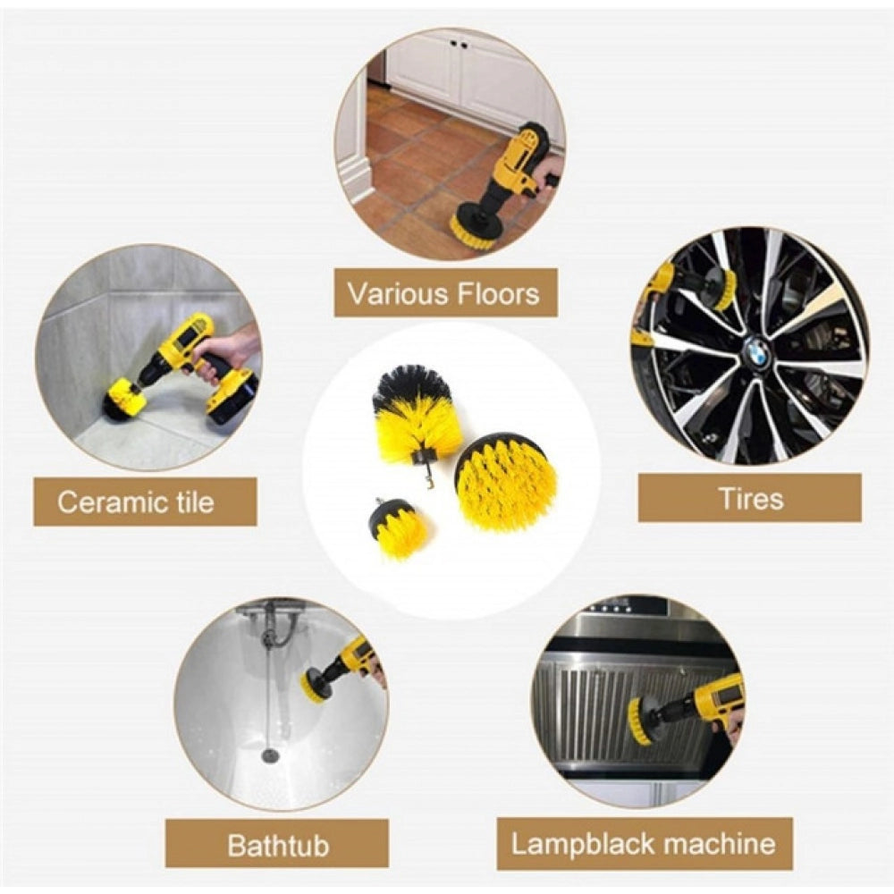 Amfyn Pack Of 3 Polypropylene Solid Power Drill Scrub Brush Cleaning Set (Yellow-Black)
