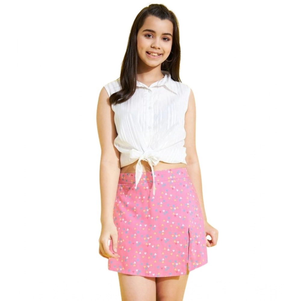 Amfyn Girl's Polyester Lurex Printed Sleeveless Skorts Set (White-Pink)