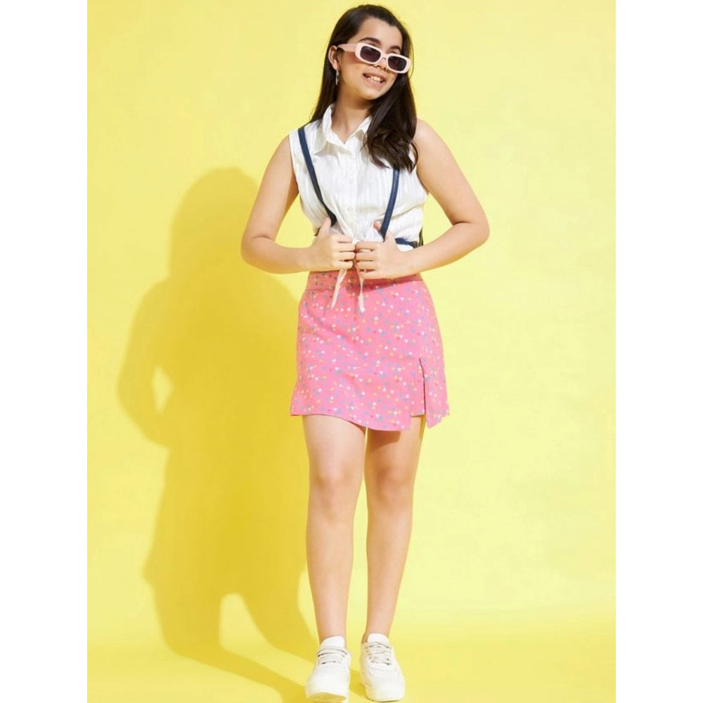 Amfyn Girl's Polyester Lurex Printed Sleeveless Skorts Set (White-Pink)