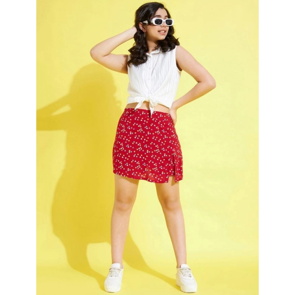 Amfyn Girl's Polyester Lurex Printed Sleeveless Skorts Set (White-Red)